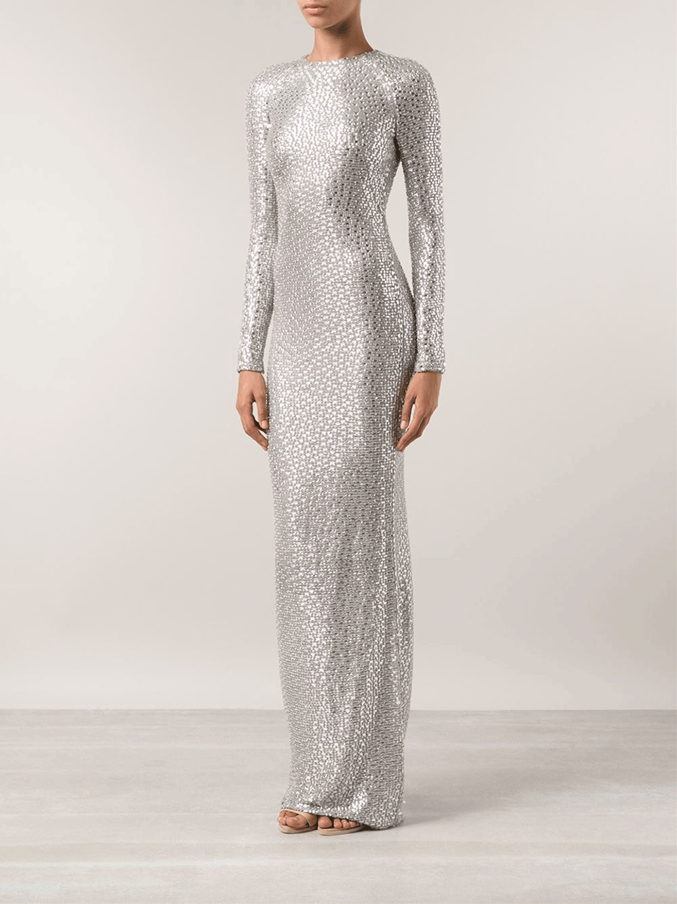 KAUFMAN FRANCO-Long Sleeve All-Over Baguette Gown-SILVER