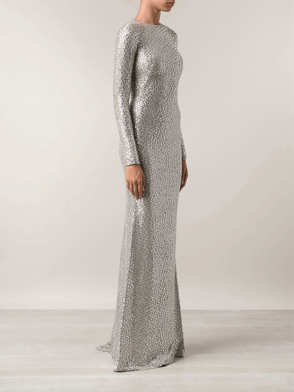 KAUFMAN FRANCO-Long Sleeve All-Over Baguette Gown-SILVER