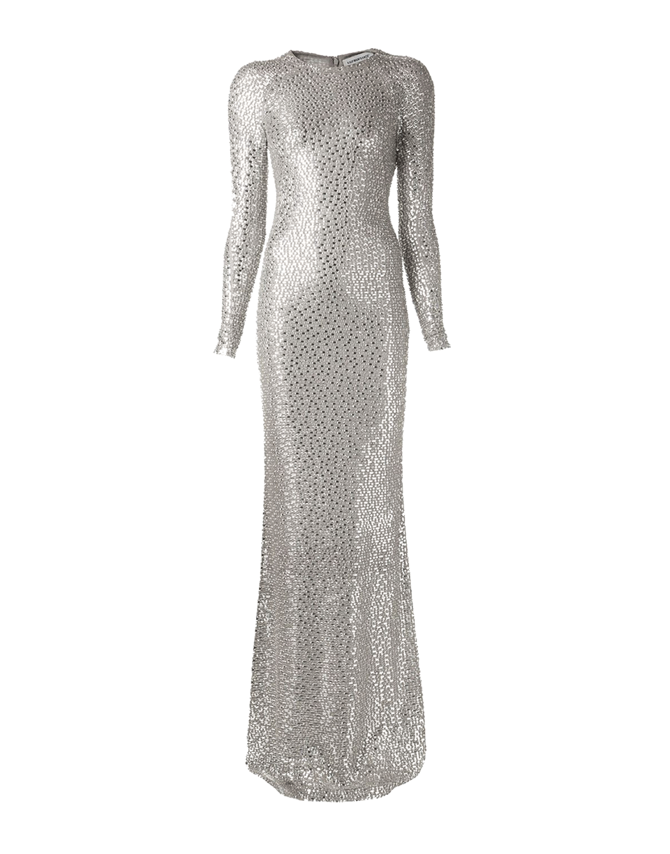 KAUFMAN FRANCO-Long Sleeve All-Over Baguette Gown-SILVER