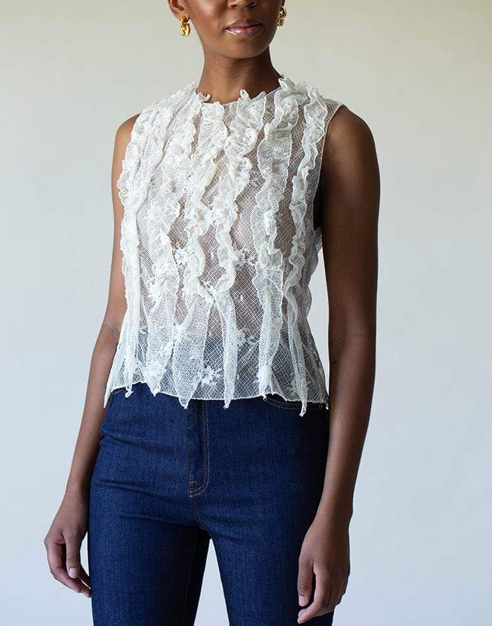 KRIZIA INDUSTRIA S.P.A.-Sleeveless Lace Blouse with Front Ruffles-WHITE