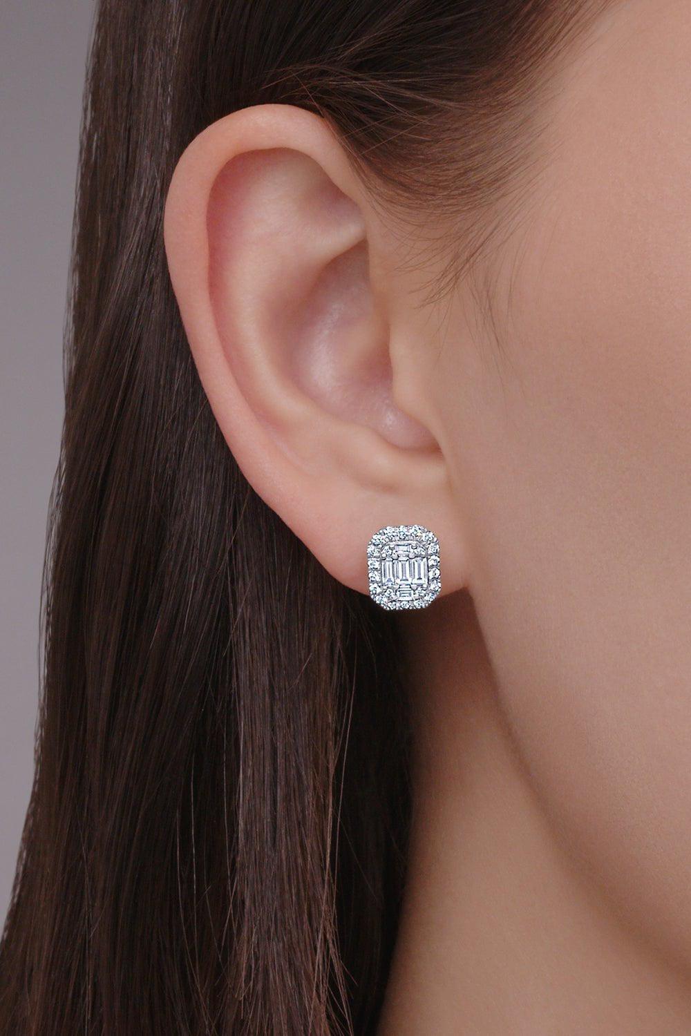 KWIAT-Sunburst Emerald Cut Diamond Stud Earrings-WHITE GOLD