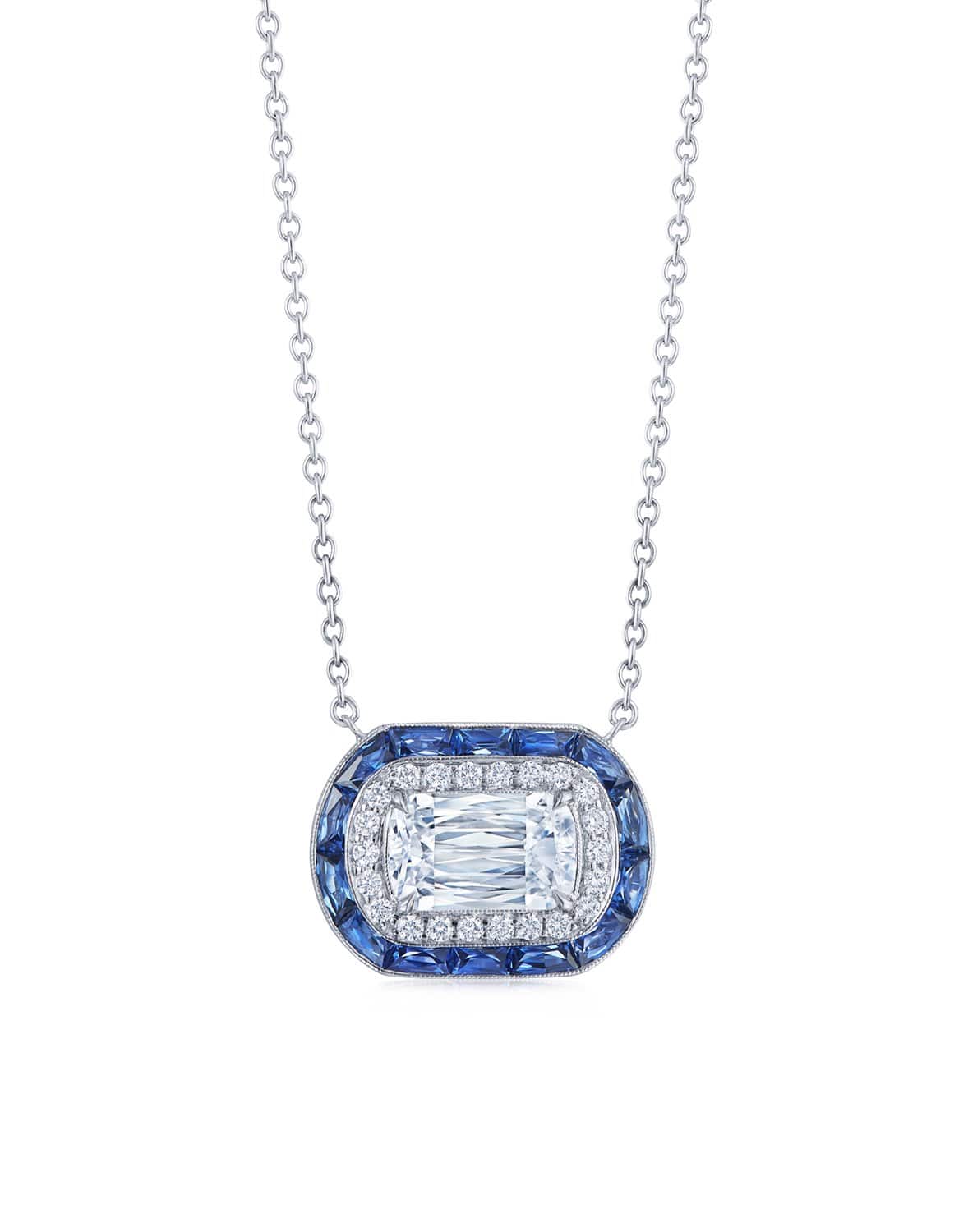 KWIAT-Ashoka Diamond Sapphire Halo Necklace-WHITE GOLD