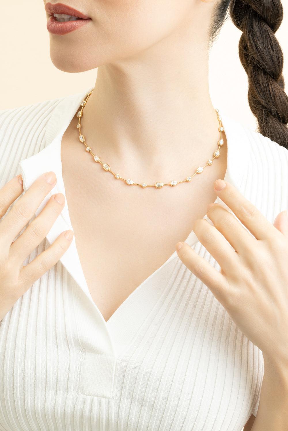 Diamond Mixed Starry Night Bezel Necklace-YELLOW GOLD-JEWELRYFINE JEWELNECKLACE O-KWIAT