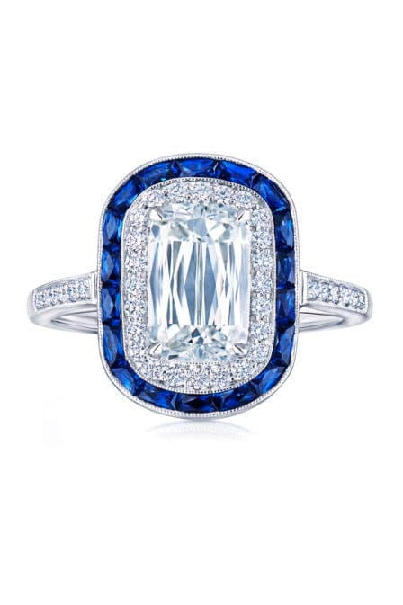 KWIAT-Sapphire and Double Diamond Halo Ashoka Ring-PLATINUM