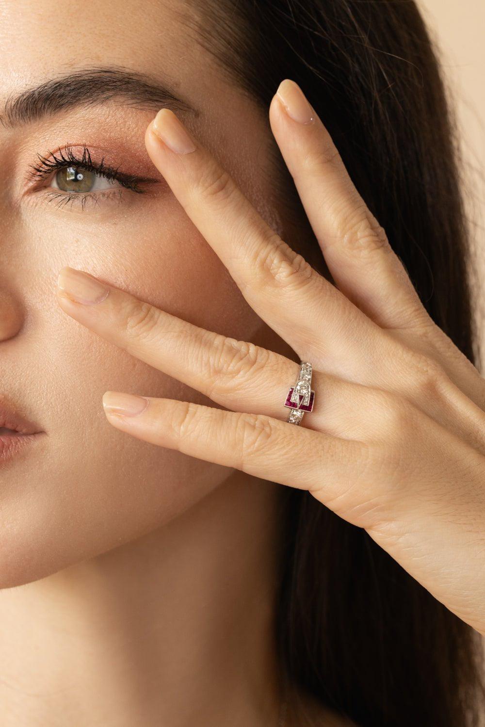 KWIAT-Vintage Diamond Ruby Buckle Ring-WHITE GOLD