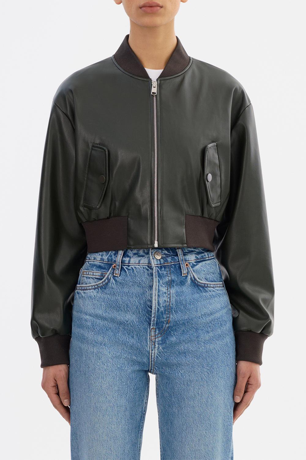Evelin Crop Bomber Jacket - Dark Olive-DK OLIVE-XS-CLOTHINGJACKETCASUAL-LAMARQUE