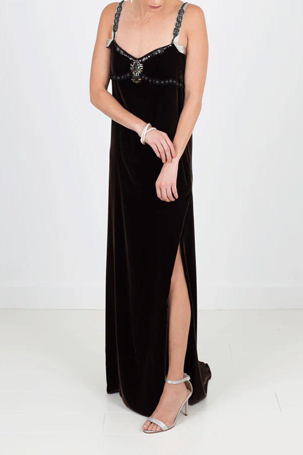 LANVIN-Velvet Beaded Detail Gown-BROWN