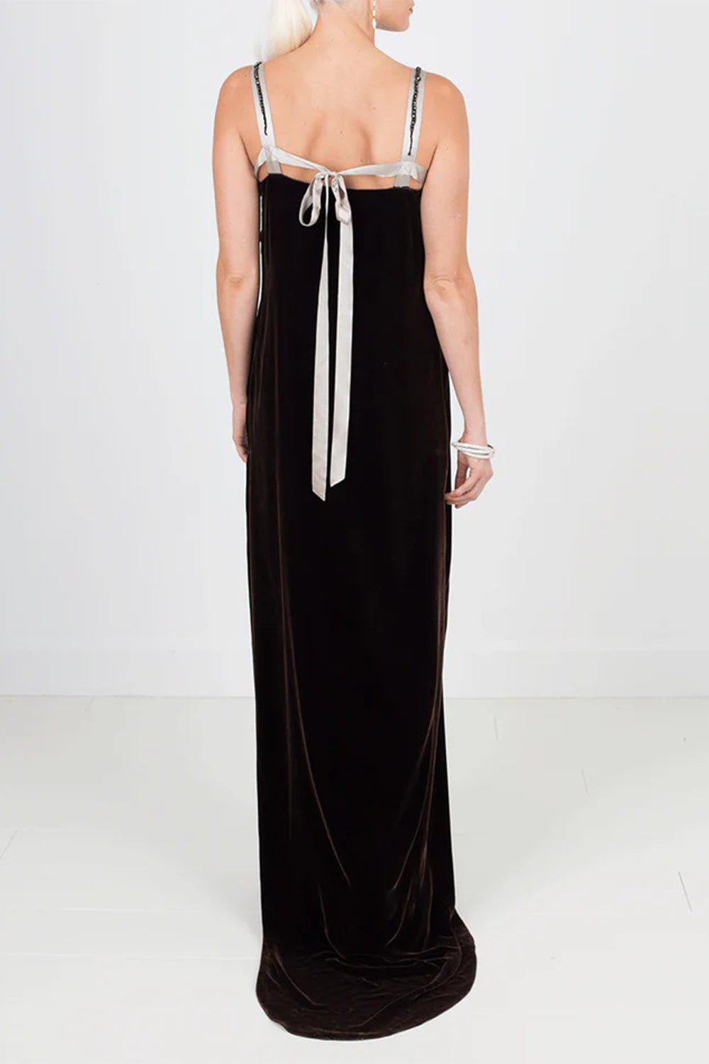 LANVIN-Velvet Beaded Detail Gown-BROWN