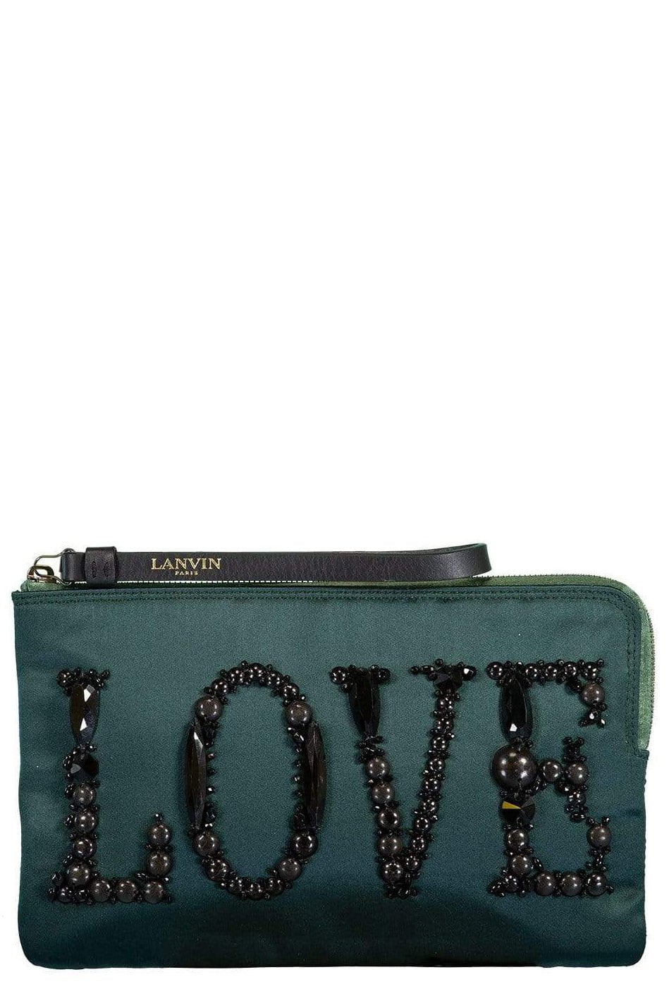 LANVIN-Embroidered Love Satin Clutch-GREEN