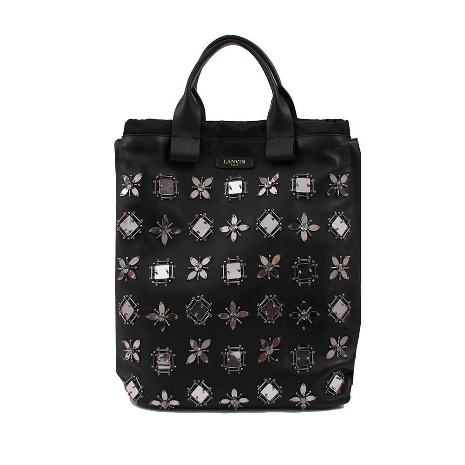 LANVIN-Black Embroidered Veritcal Shopper-BLACK