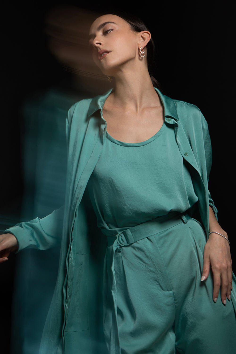 LAPOINTE-Lightweight Texture Satin Scoop Neck Tank - Sea Green-