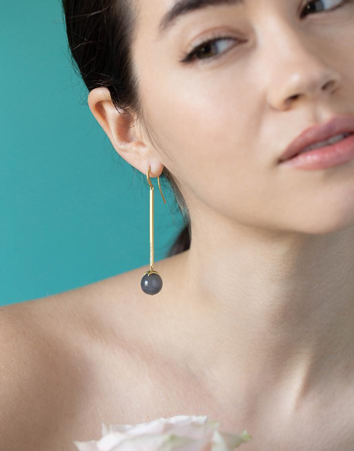LEIGH MAXWELL-Bahari Bar Grey Moonstone and Diamond Earrings-YELLOW GOLD