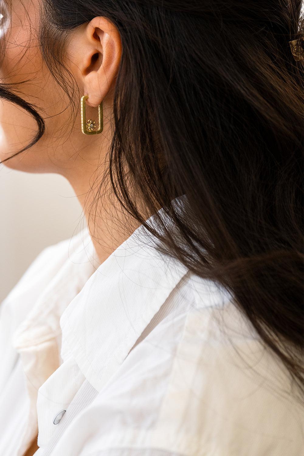 Diamond Flower Rectangle Hoop Earrings-YELLOW GOLD-JEWELRYFINE JEWELEARRING-LEIGH MAXWELL