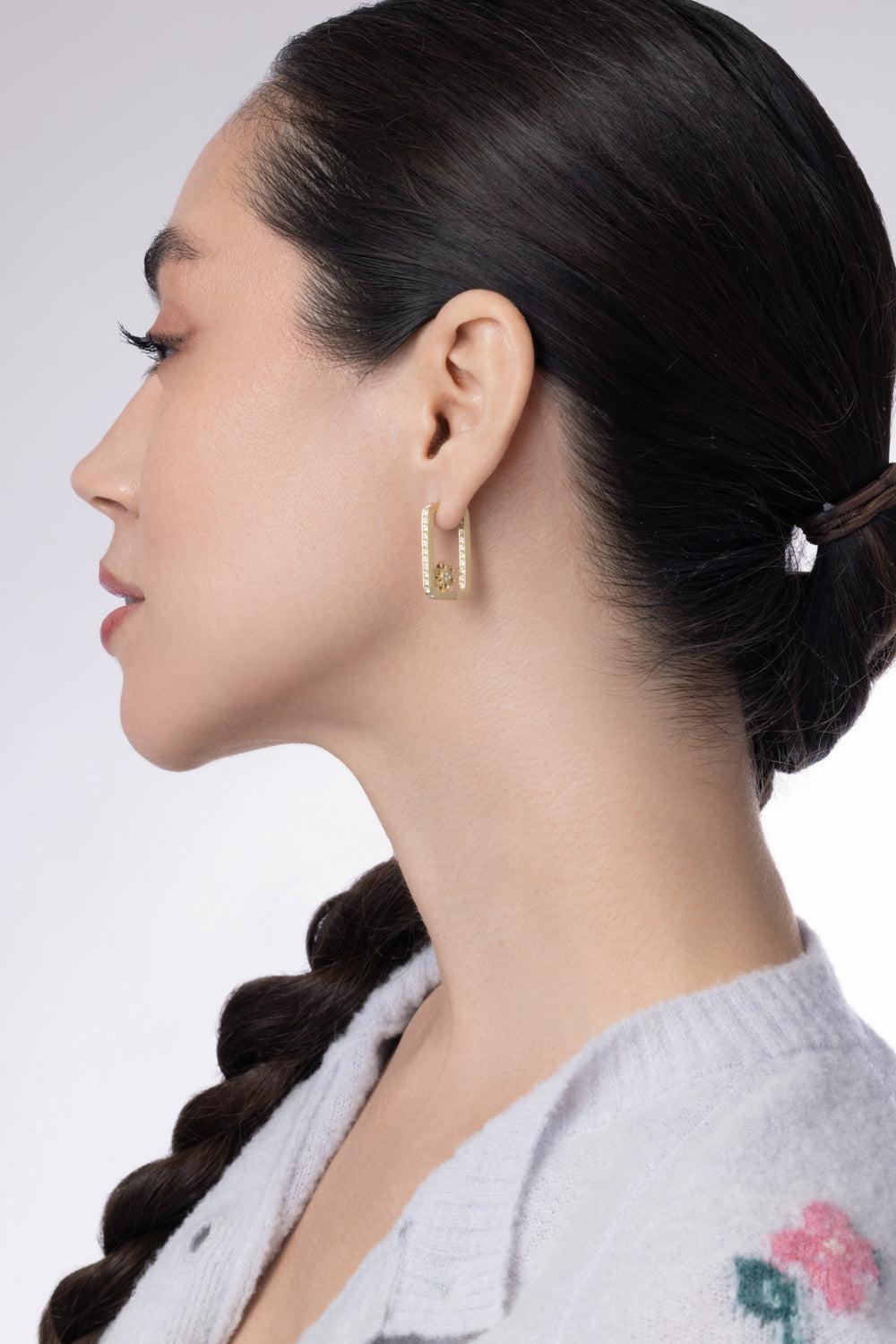 Diamond Flower Rectangle Hoop Earrings-YELLOW GOLD-JEWELRYFINE JEWELEARRING-LEIGH MAXWELL
