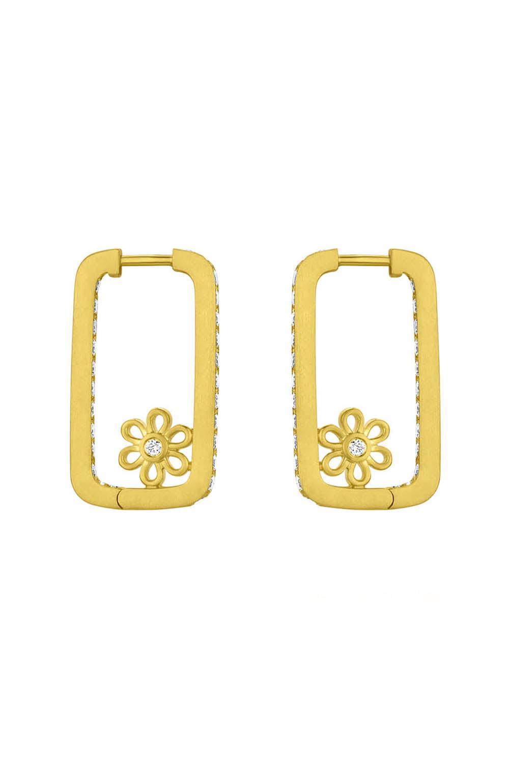 Diamond Flower Rectangle Hoop Earrings-YELLOW GOLD-JEWELRYFINE JEWELEARRING-LEIGH MAXWELL