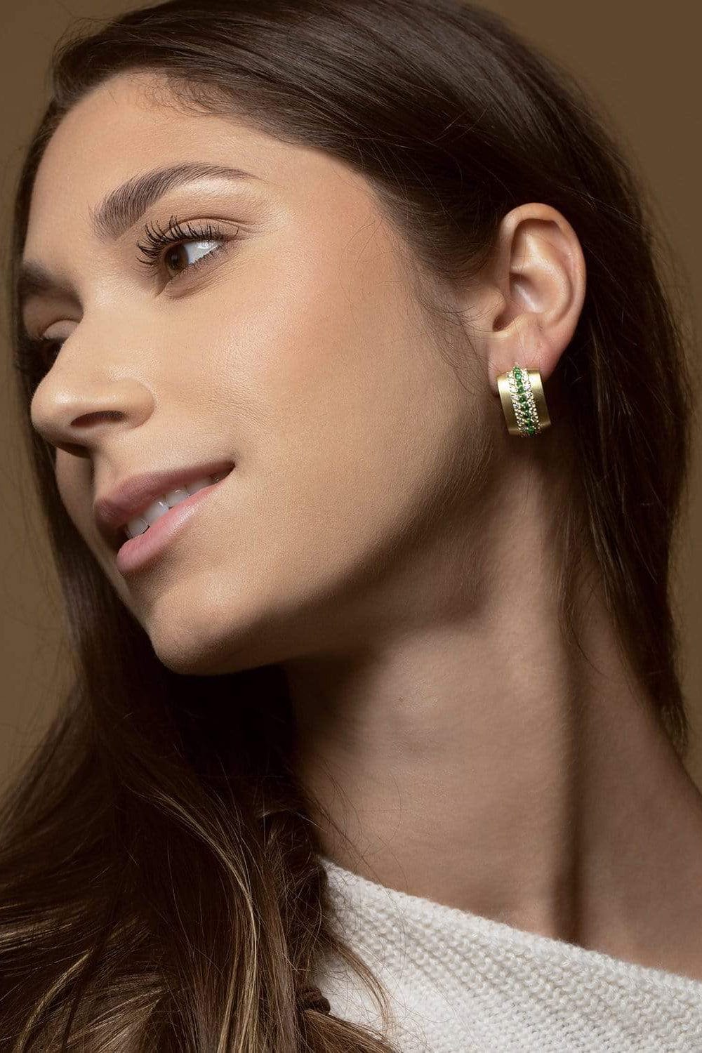 LEIGH MAXWELL-Emerald and Diamond Omega Earrings-YELLOW GOLD