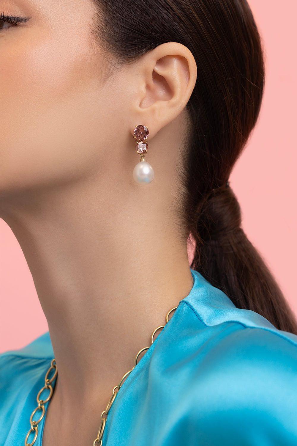 LEIGH MAXWELL-Gemmy Pearl Drop Rose Zircon Earrings-YELLOW GOLD