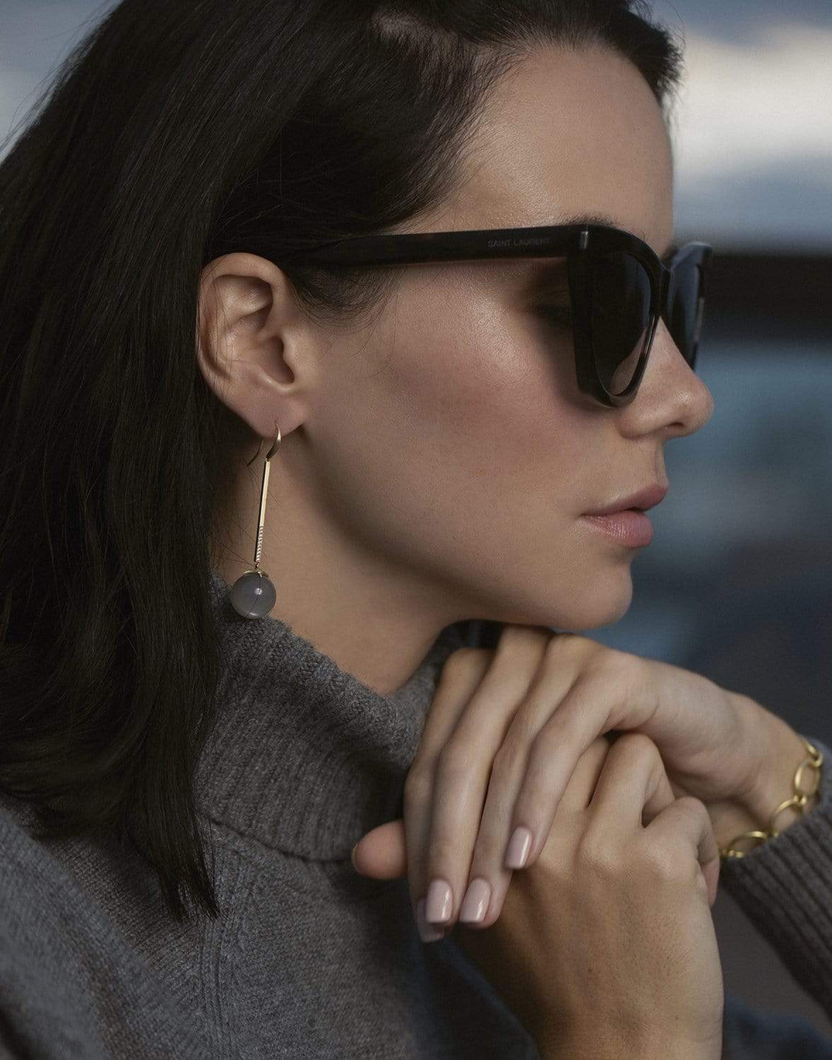 LEIGH MAXWELL-Grey Moonstone and Diamond Short Bar Earrings-YELLOW GOLD