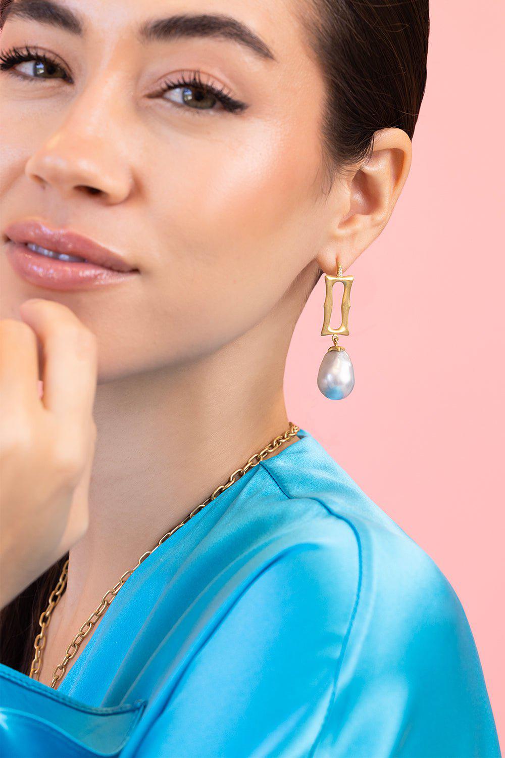 LEIGH MAXWELL-Long Frame Pearl Earrings-YELLOW GOLD