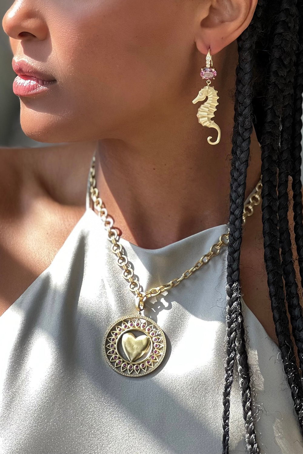 LEIGH MAXWELL-Malaya Garnet Seahorse Earrings-YELLOW GOLD