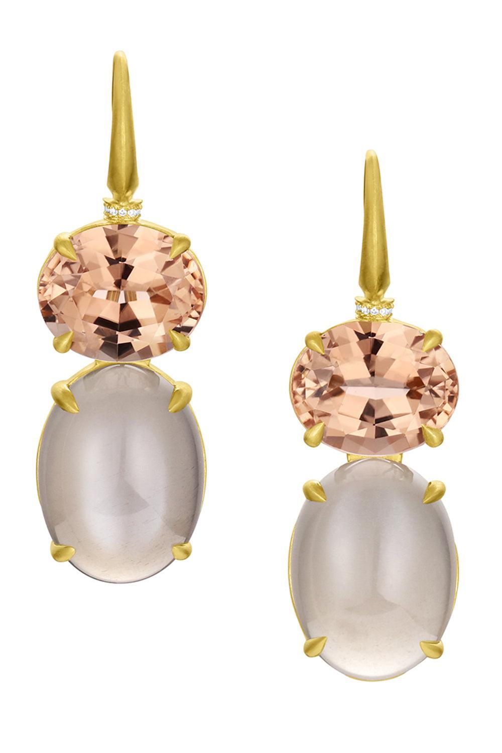  Peach Tourmaline Grey Moonstone Diamond Bijou Earrings-YELLOW GOLD-JEWELRYFINE JEWELEARRING-LEIGH MAXWELL 