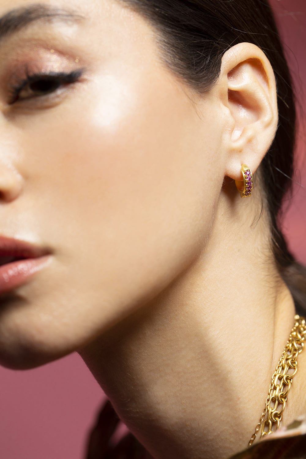 LEIGH MAXWELL-Pink Sapphire Reversible Hoops-YELLOW GOLD