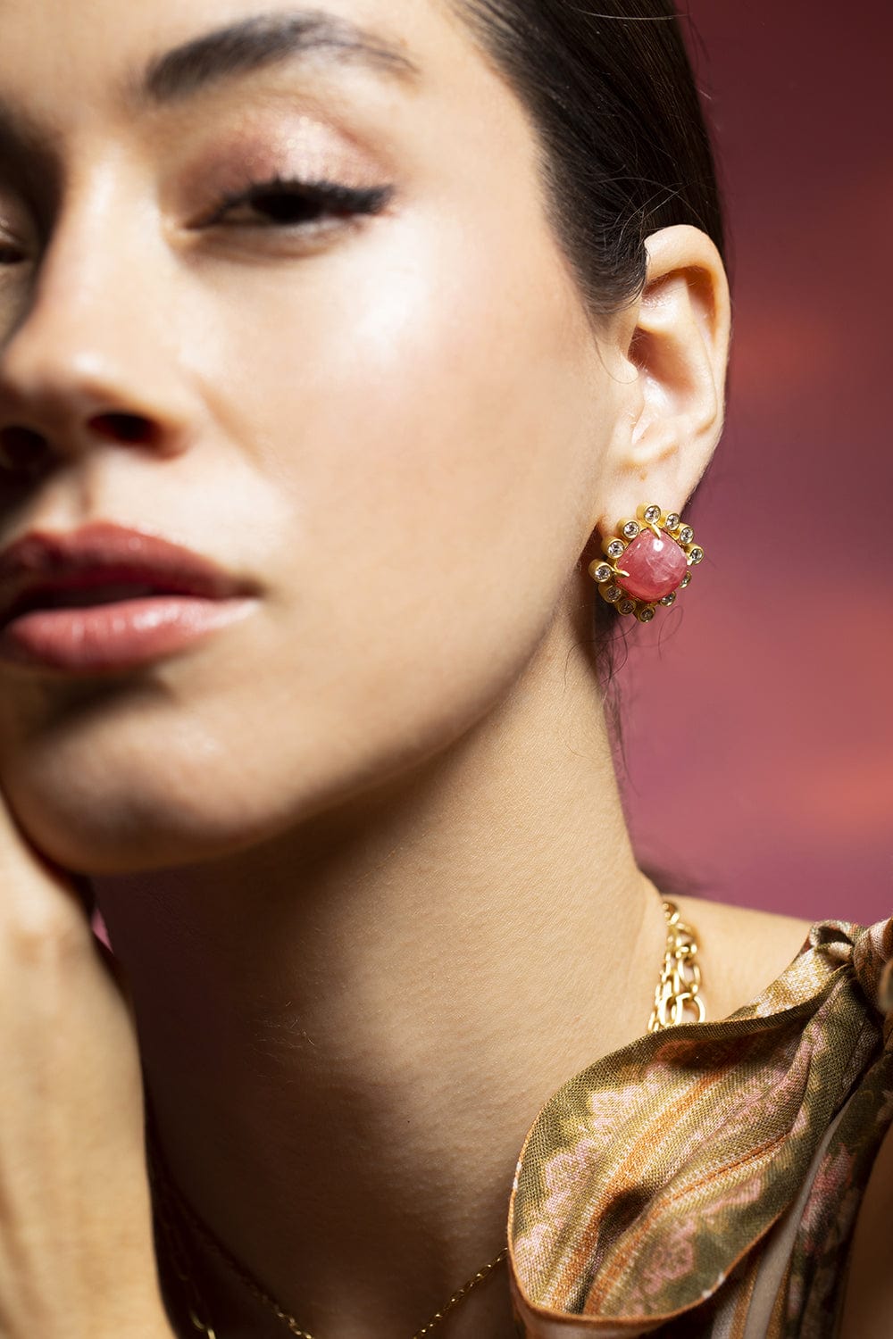 LEIGH MAXWELL-Rhodochrosite Omega Earrings-YELLOW GOLD