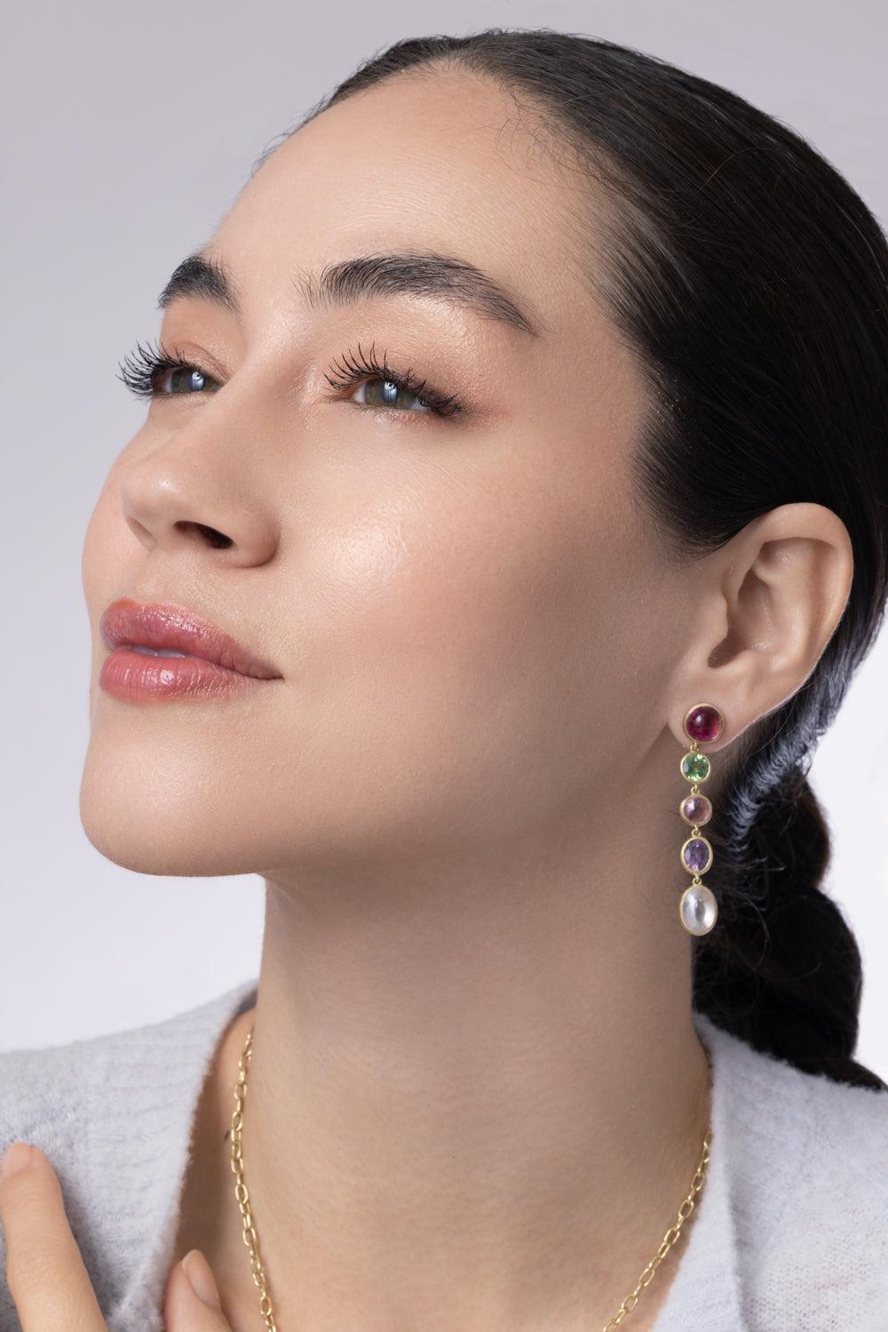 Tourmaline Moonstone Spinel Mixed Gemstone Line Earrings-YELLOW GOLD-JEWELRYFINE JEWELEARRING-LEIGH MAXWELL