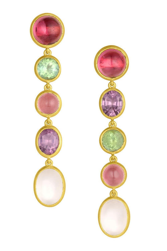 Tourmaline Moonstone Spinel Mixed Gemstone Line Earrings-YELLOW GOLD-JEWELRYFINE JEWELEARRING-LEIGH MAXWELL
