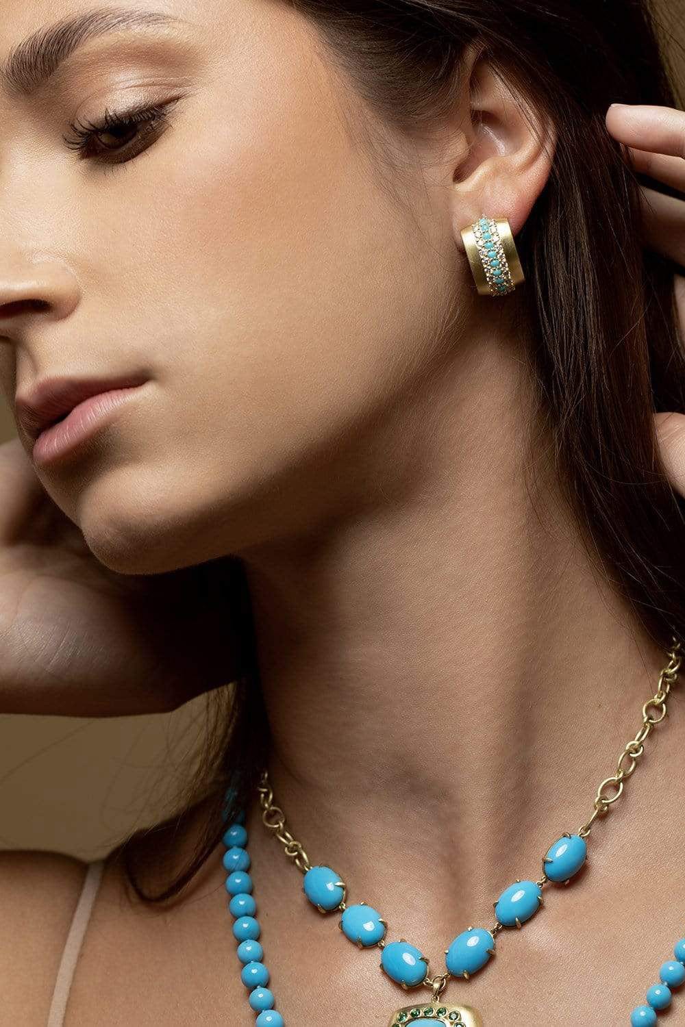 LEIGH MAXWELL-Turquoise and Diamond Omega Earrings-YELLOW GOLD