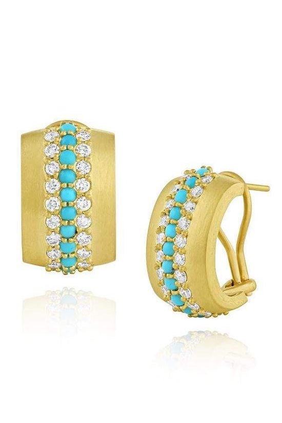 LEIGH MAXWELL-Turquoise and Diamond Omega Earrings-YELLOW GOLD