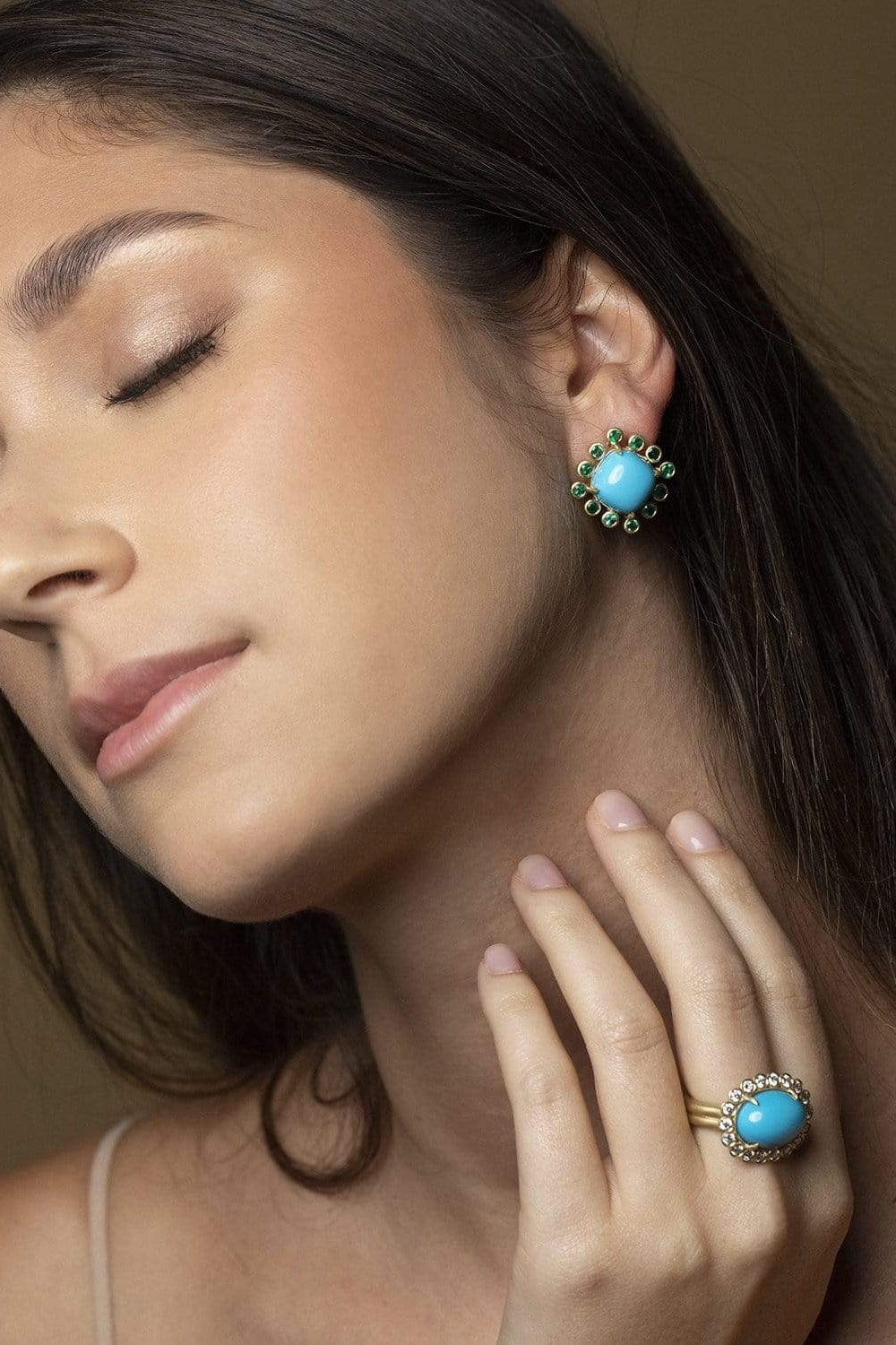 LEIGH MAXWELL-Turquoise and Emerald Omega Earrings-YELLOW GOLD