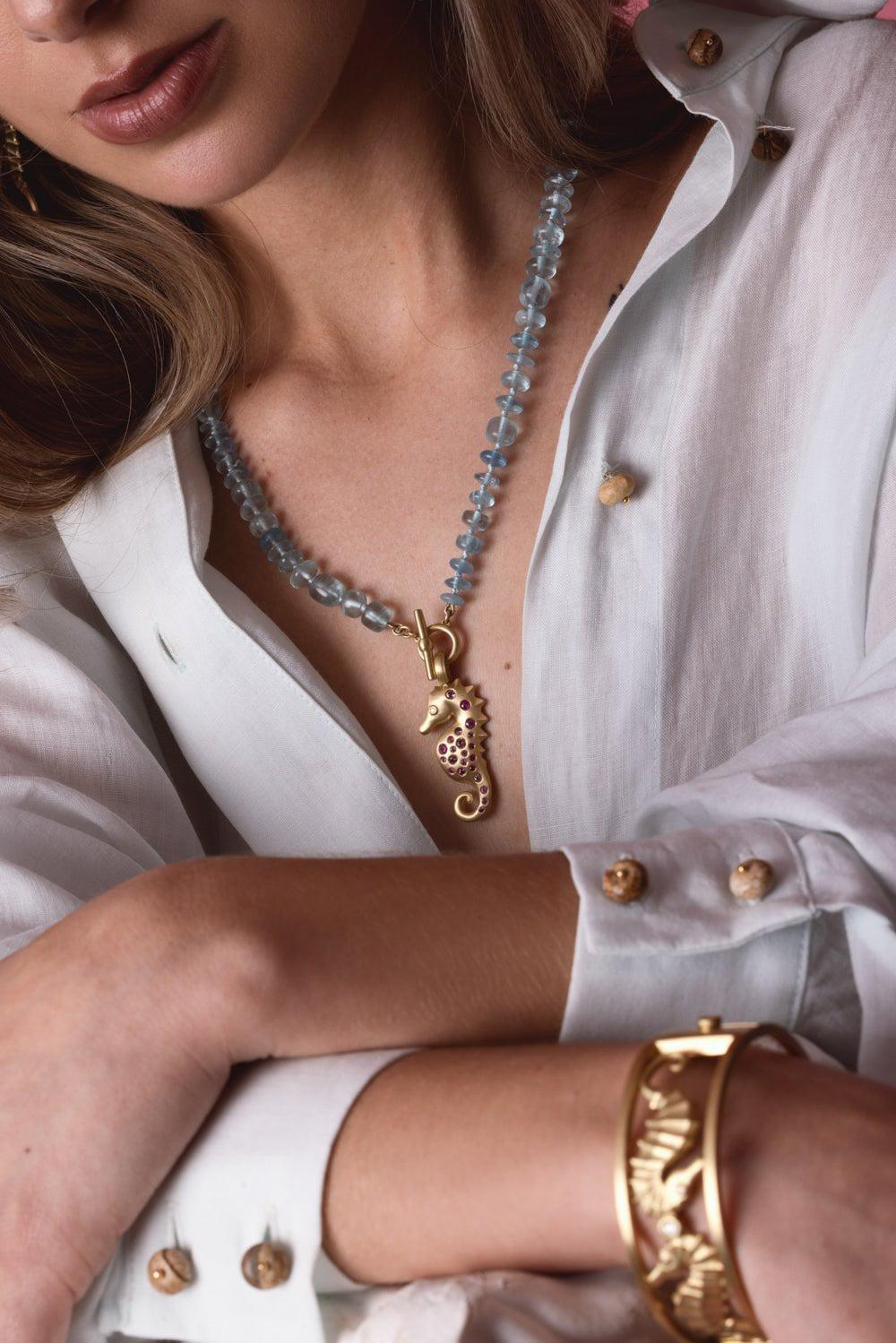 LEIGH MAXWELL-Aquamarine Beaded Necklace-YELLOW GOLD