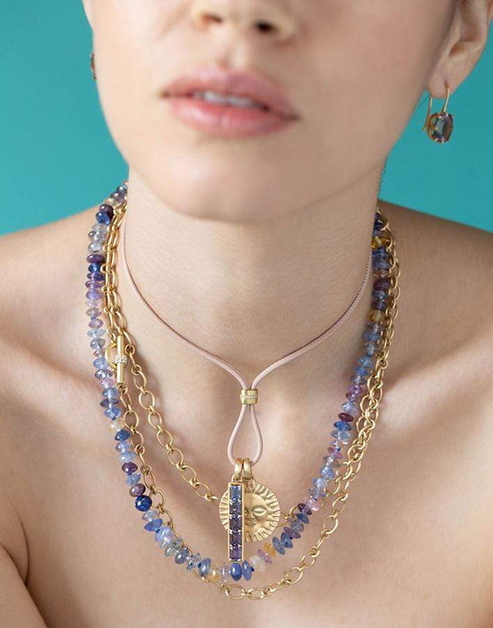 LEIGH MAXWELL-Diamond Slider on Pink Leather Cord-YELLOW GOLD