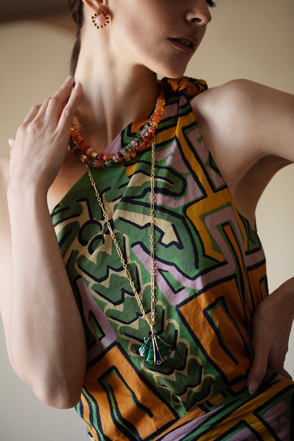 LEIGH MAXWELL-Fire Opal Bead Necklace-YELLOW GOLD