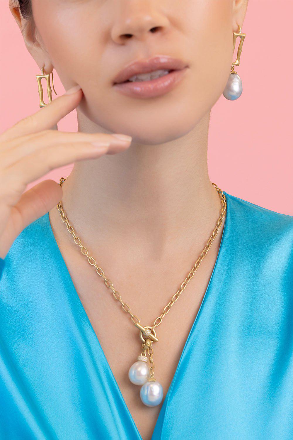 LEIGH MAXWELL-Lariat Pearl Necklace-YELLOW GOLD