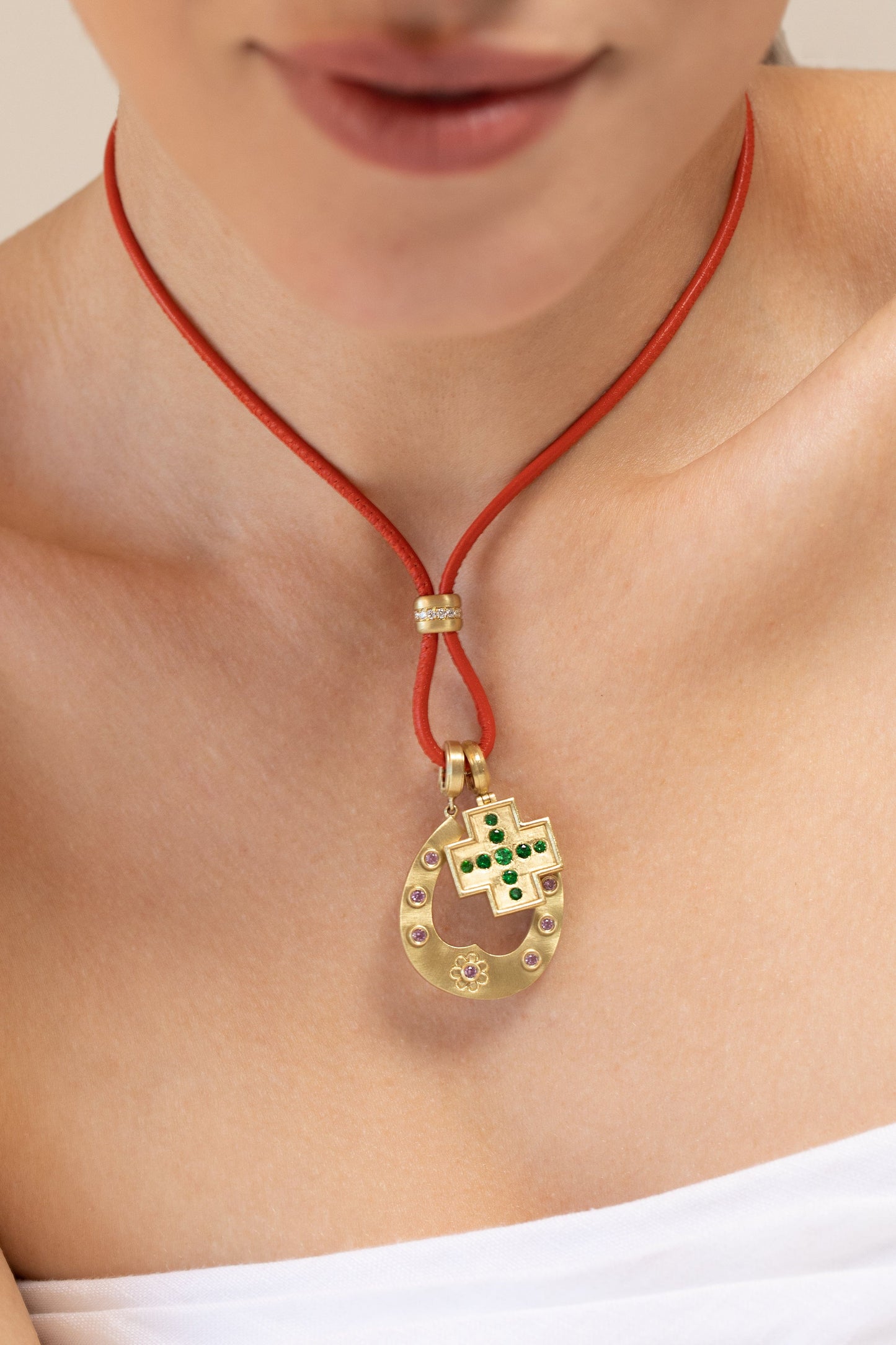 LEIGH MAXWELL-Orange Leather Cord with Diamond Slider-YELLOW GOLD