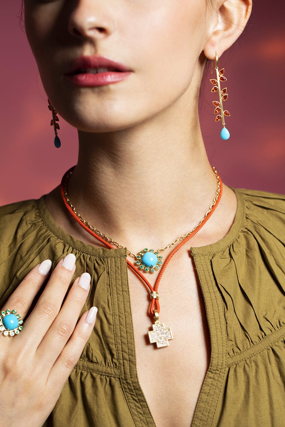 LEIGH MAXWELL-Orange Leather Cord with Diamond Slider-YELLOW GOLD