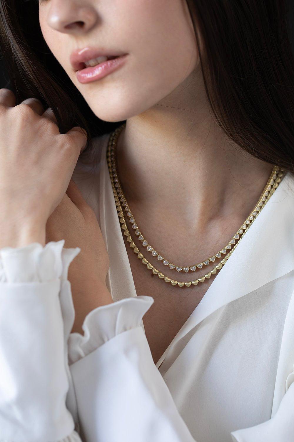 LEIGH MAXWELL-Solid Heart Tennis Necklace-YELLOW GOLD
