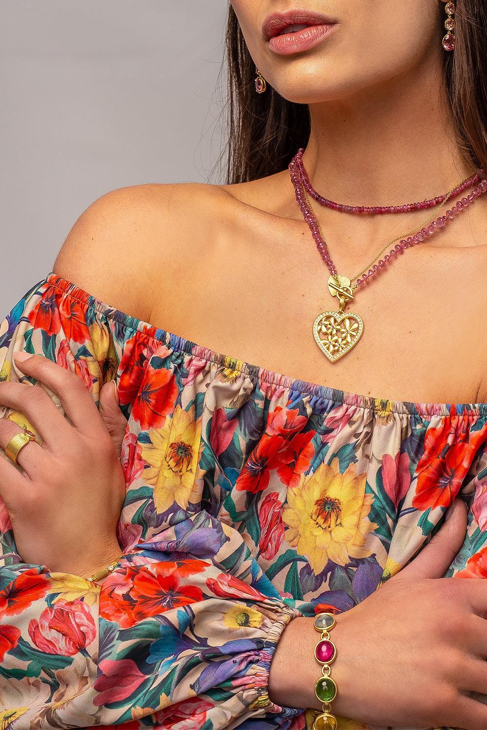 Diamond Pink Sapphire Flora Heart Pendant-YELLOW GOLD-JEWELRYFINE JEWELPENDANT-LEIGH MAXWELL