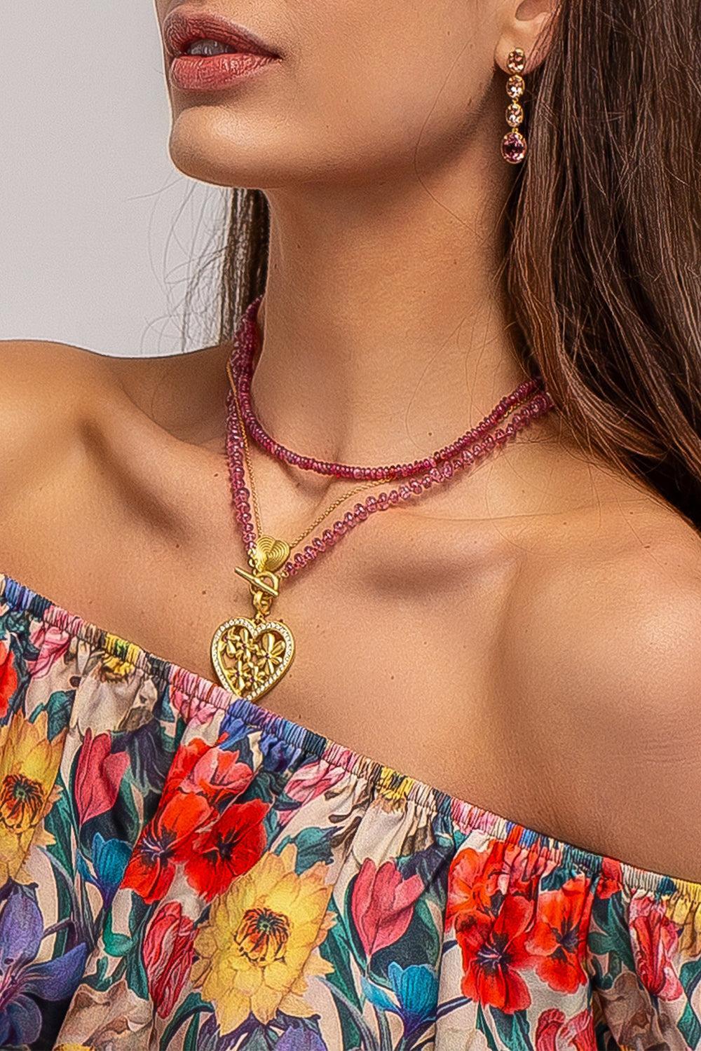 Diamond Pink Sapphire Flora Heart Pendant-YELLOW GOLD-JEWELRYFINE JEWELPENDANT-LEIGH MAXWELL