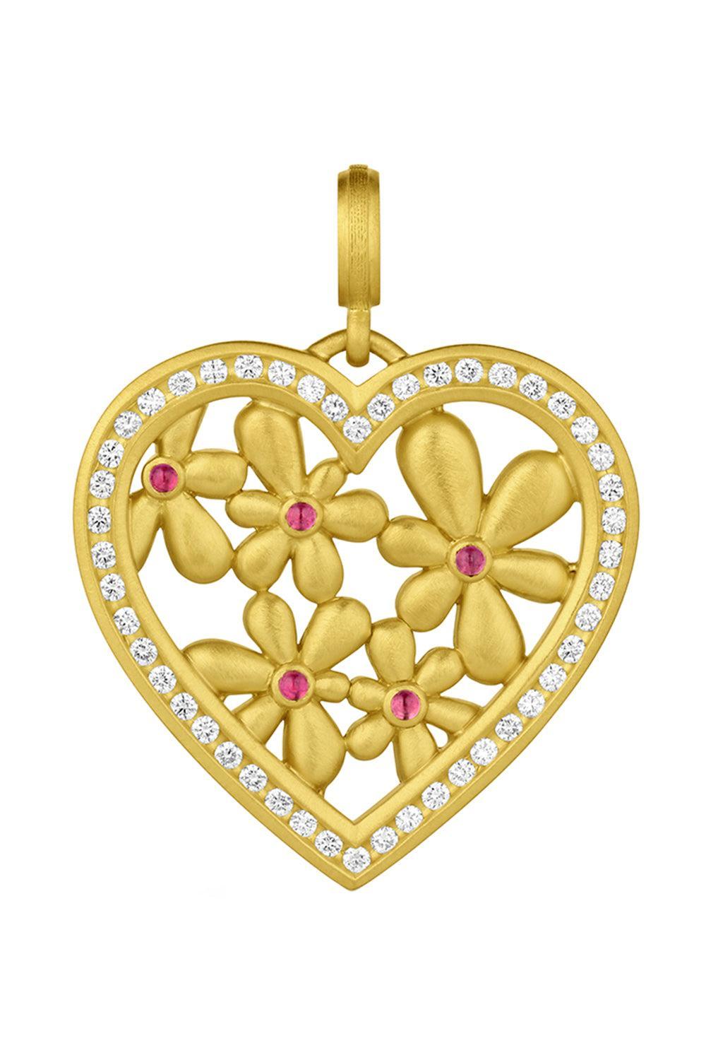 Diamond Pink Sapphire Flora Heart Pendant-YELLOW GOLD-JEWELRYFINE JEWELPENDANT-LEIGH MAXWELL