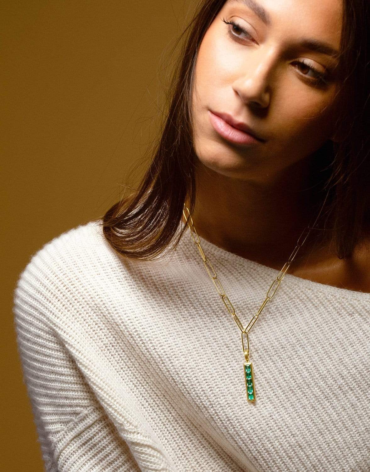LEIGH MAXWELL-Emerald Five Stone Bar Pendant-YELLOW GOLD