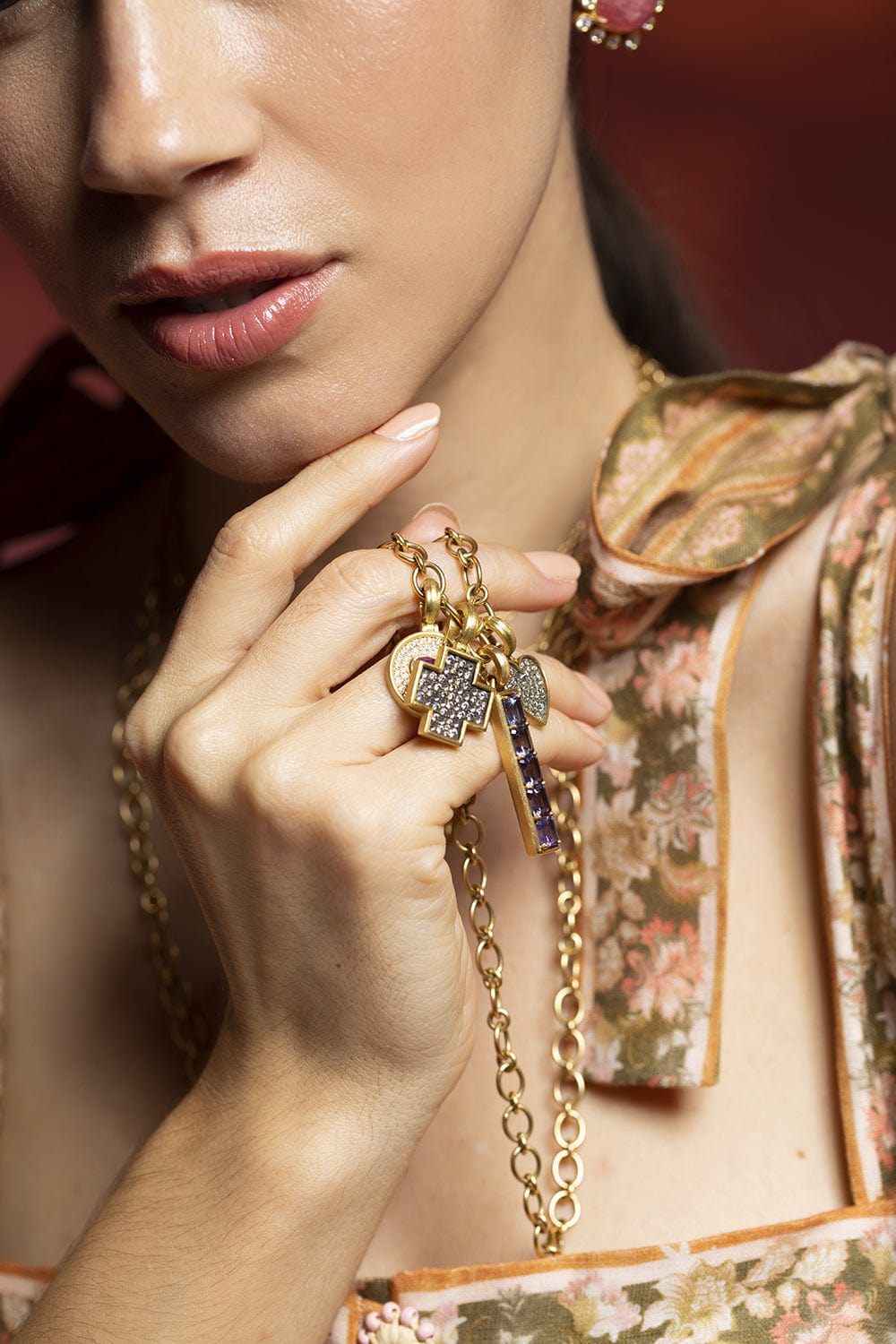 LEIGH MAXWELL-Grey Diamond Pave Cross Pendant-YELLOW GOLD