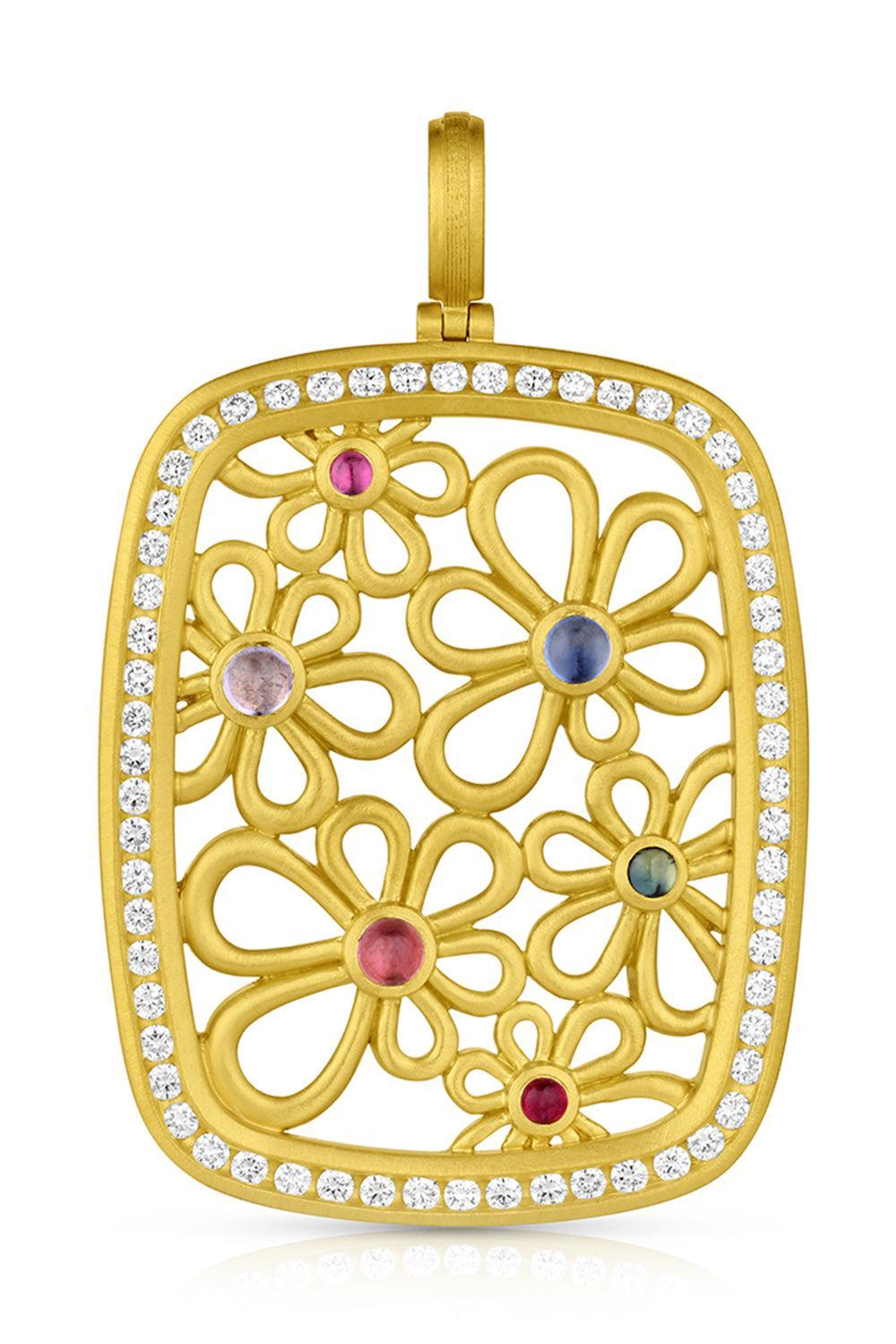Multi Sapphire Diamond Flora Frame Pendant-YELLOW GOLD-JEWELRYFINE JEWELPENDANT-LEIGH MAXWELL