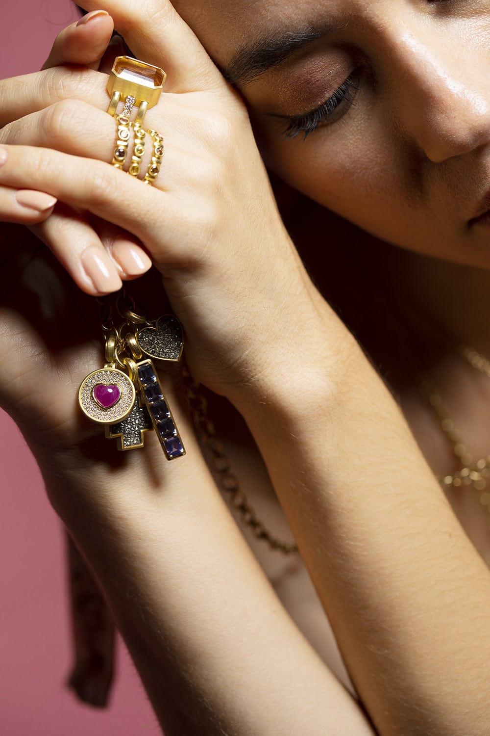 LEIGH MAXWELL-Ruby Heart Amani Disk Pendant-YELLOW GOLD