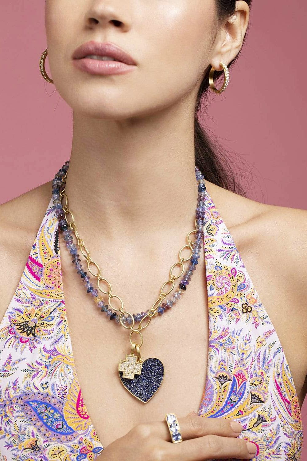LEIGH MAXWELL-XL Heart Pendant with Blue Sapphires-YELLOW GOLD
