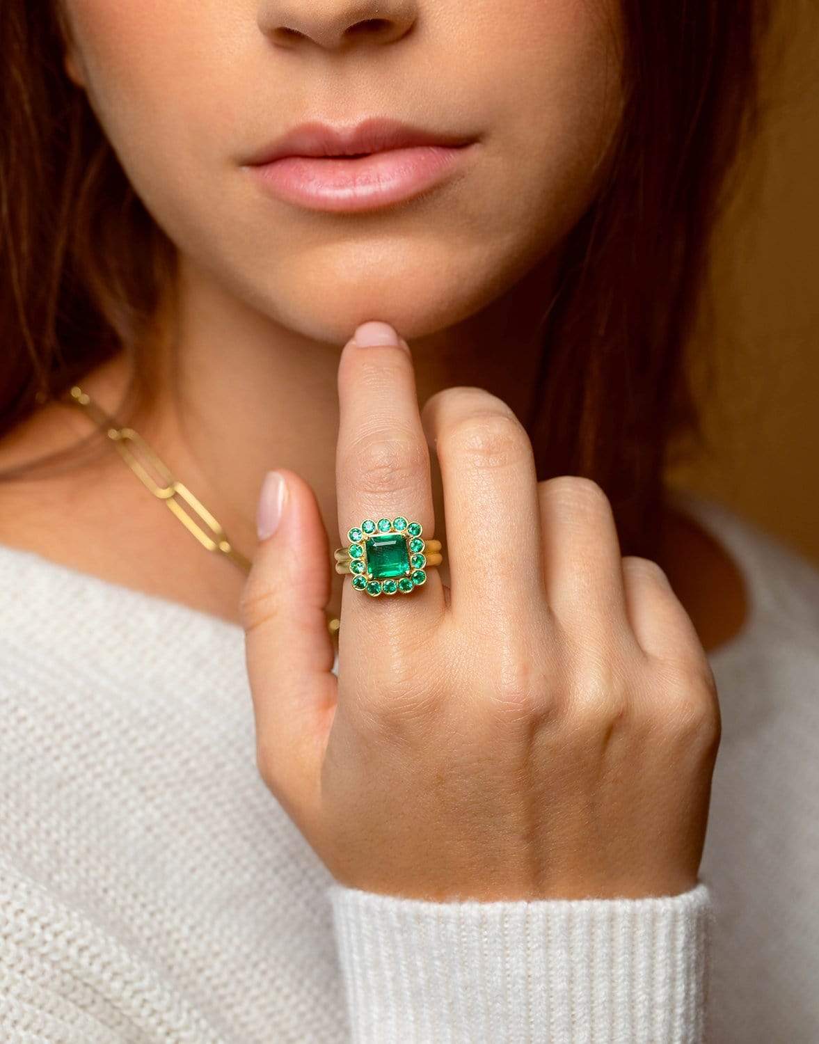 LEIGH MAXWELL-Emerald Halo Double Band Ring-YELLOW GOLD