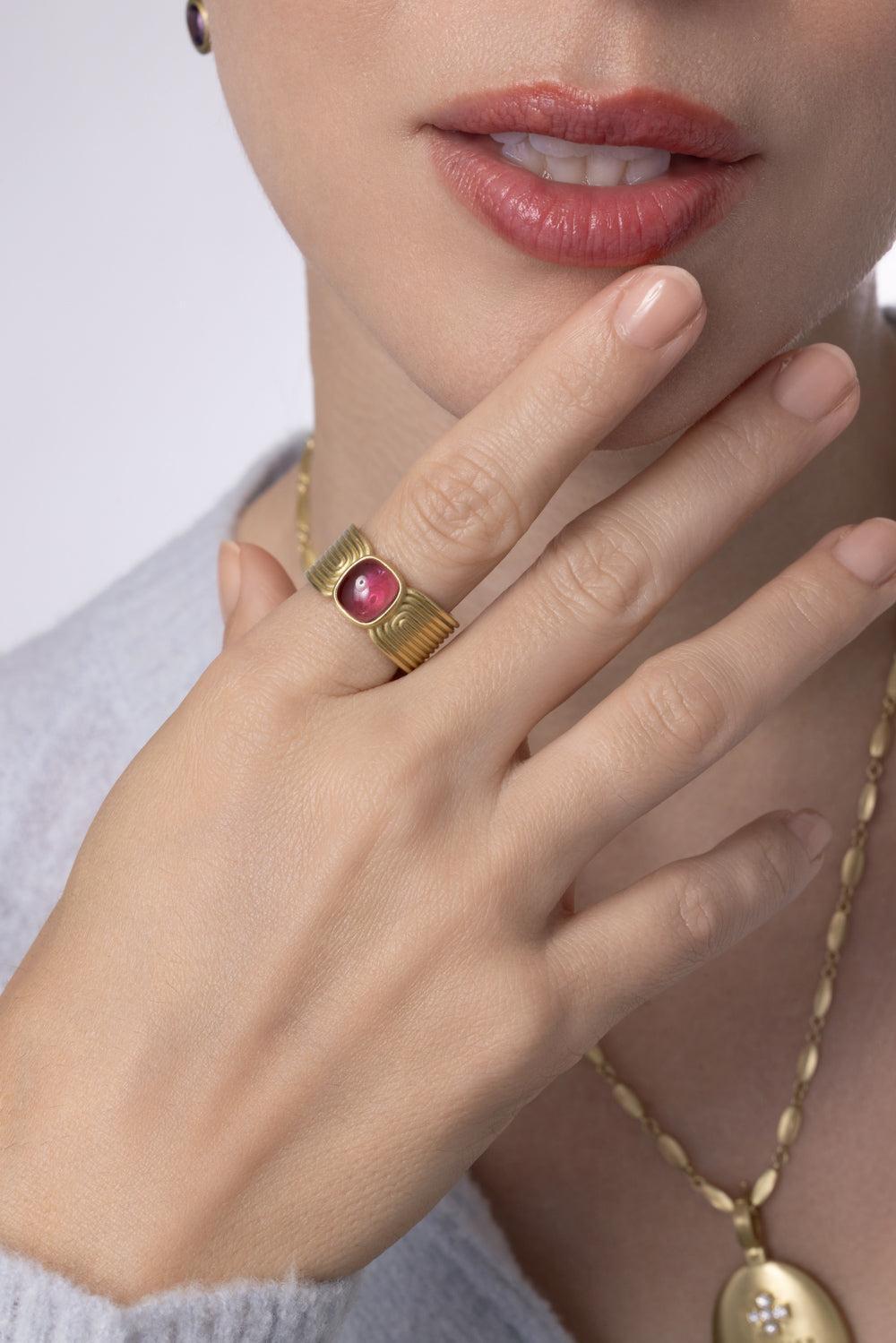 Pink Tourmaline Cabochon Ridge Band Ring-YELLOW GOLD-7.5-JEWELRYFINE JEWELRING-LEIGH MAXWELL