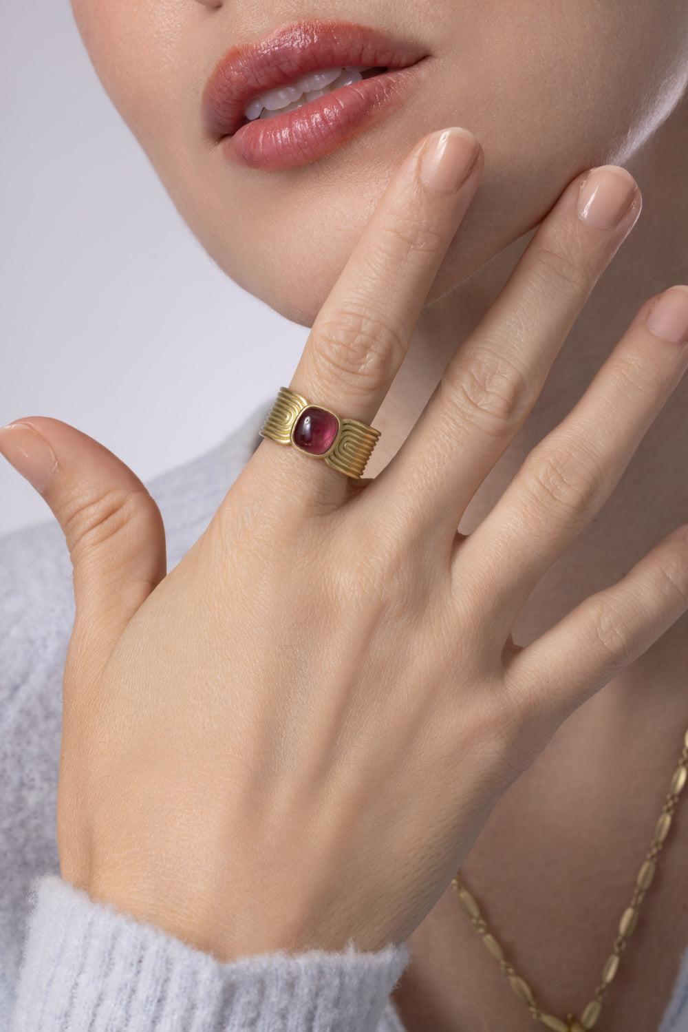 Pink Tourmaline Cabochon Ridge Band Ring-YELLOW GOLD-7.5-JEWELRYFINE JEWELRING-LEIGH MAXWELL